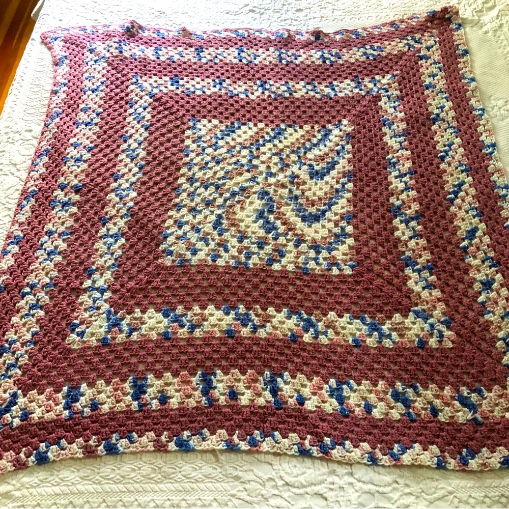 Smaller Blue & Rose Crocheted Blanket Throw